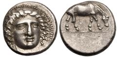 ANCIENT GREECE. THESSALY, LARISSA. Silver Drachm, circa 400-370 BC. Obv: head of the nymph Larissa facing slightly right, adorned with ampyx, pendant earring and necklace. Rev: [ΛΑΡΙ], horse grazing r