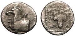 ANCIENT GREECE. THRACE, MARONEIA. Silver Triobol, circa 398-347 BC. Obv: E-Y-Π, forepart of horse left. Rev: vine-branch with bunch of grapes, M-A across fields, all in dotted border within shallow in