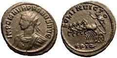 ROMAN EMPIRE. Probus. Billon Antoninianus, AD 279. Siscia. Obv: IMP C M AVR PROBVS AVG, radiate and cuirassed bust left. Rev: SOLI INVICTO, Sol in quadriga galloping left, holding whip; XXIQ in exergu