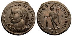 ROMAN EMPIRE. Galerius (Caesar). Billon Nummus, AD 301-303. Lugdunum. Obv: MAXIMIANVS NOB C, laureate and cuirassed bust left, holding sceptre over shoulder. Rev: GENIO POPVLI ROMANI, Genius standing 