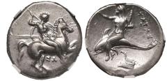 MAGNA GRAECIA. CALABRIA, TARENTUM. Silver Nomos, circa 290-281 BC. Sa-, magistrate. Obv: nude warrior, wearing Phrygian helmet, on horseback right, brandishing spear held in right hand and holding two