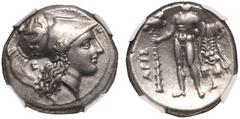 MAGNA GRAECIA. LUCANIA, HERAKLEIA. Silver Nomos, circa 281-278 BC. Obv: head of Athena right, wearing crested Corinthian helmet decorated with Skylla; HPAKΛHIΩN above, E behind. Rev: Herakles standing