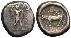 MAGNA GRAECIA. LUCANIA, POSEIDONIA. Silver Nomos, circa 470-445 BC. Obv: Poseidon standing right, wearing chlamys around shoulders, brandishing trident; ΠΟΜΕ downwards before. Rev: bull standing left,