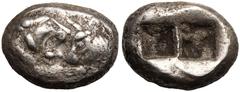 ANCIENT GREECE. KINGDOM OF LYDIA. Kroisos. Silver Hemistater (Siglos), circa 564-539 BC. Sardes. Obv: confronted foreparts of lion right and bull left. Rev: two incuse squares of unequal size. About V