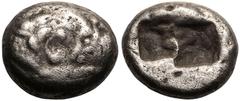 ANCIENT GREECE. KINGDOM OF LYDIA. Kroisos. Silver Hemistater (Siglos), circa 564-539 BC. Sardes. Obv: confronted foreparts of lion right and bull left. Rev: two incuse squares of unequal size. About V