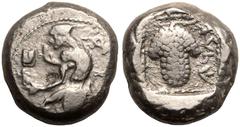 ANCIENT GREECE. LYCIA, UNCERTAIN MINT. Silver Stater, circa 440-410 BC. Imitating the types of Cilicia, Soloi. Obv: Amazon kneeling left, holding bow, with quiver and bowcase at her side. Rev: grape b