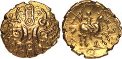 CELTIC. BRITANNIA, CATUVELLAUNI. Tasciovanus. Gold Stater, circa 25-10 BC. Obv: two crossed open wreaths with two crescents and three pellets in centre; pellet in annulet on each arm, ornaments in qua