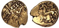 CELTIC. BRITANNIA, TRINOVANTES. Gold Stater, circa 50-40 BC. 'Climping L' type. Obv: abstract wreathed head of Apollo right. Rev: stylised horse left; remains of charioteer above; crescents, pellets, 