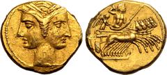 MAGNA GRAECIA. BRUTTIUM, CARTHAGINIAN OCCUPATION. Electrum 3/8 Shekel, circa 215-205 BC. Obv: janiform female heads (Tanit?), wearing wreaths of grain. Rev: Zeus, holding thunderbolt and sceptre, stan
