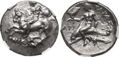 MAGNA GRAECIA. CALABRIA, TARENTUM. Silver Nomos, circa 280 BC. Nikon, Ey-, and Ari-, magistrates. Obv: nude youth, holding spear and shield, dismounting from horse left; EY to upper right, NIKΩN below