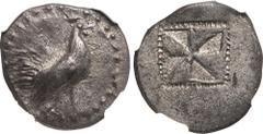 MAGNA GRAECIA. SICILY, HIMERA. Silver Drachm, circa 550-515 BC. Obv: rooster advancing right; border of dots. Rev: incuse square with mill-sail pattern, enclosed within segmented linear border. In sec