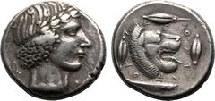 MAGNA GRAECIA. SICILY, LEONTINI. Silver Tetradrachm, circa 425-420 BC. Obv: laureate head of Apollo right; olive spray behind neck. Rev: head of roaring lion right; three barley grains around, mullet 