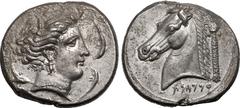 MAGNA GRAECIA. SICILY, SICULO-PUNIC, 'THE CAMP' (ENTELLA?). Silver Tetradrachm, circa 320-300 BC. Obv: head of Arethusa/Persephone right, wreathed with barley ears, wearing triple pendant earring and 