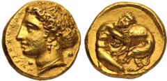 MAGNA GRAECIA. SICILY, SYRACUSE. Dionysios I. Gold 100 Litrai - Double Dekadrachm, circa 405-400 BC. Obv: head of Arethusa left, hair in sphendone ornamented with two stars, wearing triple-pendant ear