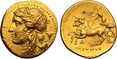 MAGNA GRAECIA. SICILY, SYRACUSE. Hieron II. Gold Dekadrachm, circa 220-217 BC. Obv: head of Persephone left, wreathed with grain ears, wearing single-pendant earring and necklace; boukranion behind. R