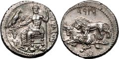 ANCIENT GREECE. CILICIA, TARSOS. Mazaios (Satrap of Cilicia). Silver Stater, circa 361-334 BC. Obv: Baaltars seated left, head facing, holding eagle, ear of corn and bunch of grapes in right hand and 