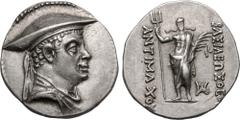 ANCIENT GREECE. GRECO-BAKTRIAN KINGDOM. Antimachos I 'Theos'. Silver Drachm, circa 180-170 BC. Obv: diademed and draped bust right, wearing kausia. Rev: BAΣIΛEΩΣ ΘEOY ANTIMAXOY, Poseidon, laureate, st