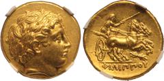 ANCIENT GREECE. KINGDOM OF MACEDON. temp. Philip III Arrhidaios - Kassander. Gold Stater, circa 323-315 BC. Pella. In the name and types of Philip II. Obv: laureate head of Apollo right. Rev: chariote