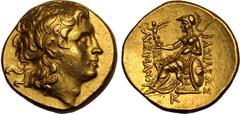 ANCIENT GREECE. KINGDOM OF THRACE. Lysimachos. Gold Stater, circa 286-282 BC. Pella. Obv: diademed head of deified Alexander right, with horn of Ammon. Rev: BAΣIΛEΩΣ ΛYΣIMAXOY, Athena Nikephoros seate