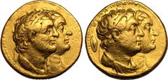 ANCIENT GREECE. PTOLEMAIC KINGDOM. Ptolemy II Philadelphos, with Arsinöe II, Ptolemy I, and Berenike I. Gold Mnaieion (Oktadrachm), circa 289-272 BC. Alexandria. Obv: ΘΕΩΝ ΑΔΕΛΦΩΝ above jugate busts o