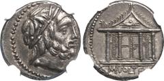 ROMAN REPUBLIC & IMPERATORIAL. M. Volteius M. f.. Silver Denarius, 75 BC. Rome. Obv: laureate head of Jupiter right. Rev: temple of Jupiter Capitolinus, with closed doors, winged thunderbolt in pedime