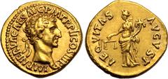 ROMAN EMPIRE. Nerva. Gold Aureus, AD 97. Rome. Obv: IMP NERVA CAES AVG P M TR P COS III P P, laureate head right. Rev: AEQVITAS AVGVST, Aequitas standing left, draped and wearing stephane, holding sca