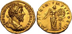 ROMAN EMPIRE. Marcus Aurelius. Gold Aureus, AD 164-165. Rome. Obv: ANTONINVS AVG ARMENIACVS, laureate and cuirassed bust right. Rev: P M TR P XIX IMP II COS III, Victory standing right, holding stylus
