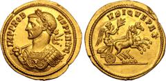 ROMAN EMPIRE. Probus. Gold 'Heavy' Aureus, AD 281-282. Rome. Obv: IMP PROB VS P F AVG, laureate and cuirassed bust left, holding spear over far shoulder. Rev: VBIQVE PAX, Victory, holding olive branch
