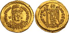 MIGRATIONARY. OSTROGOTHS. Athalaric. Gold Solidus, circa AD 530-539. Ravenna or Rome. Pseudo-imperial issue, in the name of Justinian I. Obv: D N IVSTINIANVS P Γ AVC (partially ligate), diademed, helm