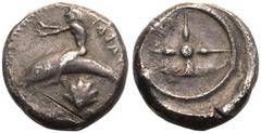 MAGNA GRAECIA. CALABRIA, TARENTUM. Silver Nomos, circa 480-470 BC. Obv: Taras, nude and with both arms outstretched, astride dolphin left; scallop shell below, TAPAϟ (retrograde) downwards behind. Rev