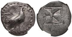 MAGNA GRAECIA. SICILY, HIMERA. Silver Drachm, circa 550-515 BC. Obv: rooster advancing right; border of dots. Rev: incuse square with mill-sail pattern, enclosed within segmented linear border. In sec