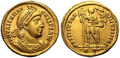 ROMAN EMPIRE. Valentinian I. Gold Solidus, AD 364-367. Rome. Obv: D N VALENTINIANVS P F AVG, pearl-diademed, draped and cuirassed bust right. Rev: RESTITVTOR REIPVBLICAE, Emperor standing facing, head