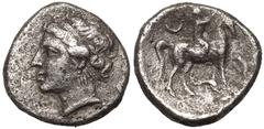 MAGNA GRAECIA. CALABRIA, TARENTUM. Silver Nomos, circa 281-228 BC. Campano-Tarentine Series. Obv: diademed head of the nymph Satyra left, wearing triple-drop earring. Rev: youth on horseback right, cr