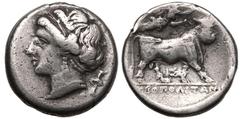 MAGNA GRAECIA. CAMPANIA, NEAPOLIS. Silver Nomos, circa 275-250 BC. Obv: head of nymph to left; torch behind. Rev: man-headed bull walking right, head facing, crowned by Nike flying right above; IΣ bel