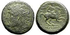 MAGNA GRAECIA. SICILY, SYRACUSE. Hieron II. Bronze Hemilitron, circa 230-215 BC. Obv: diademed male head left. Rev: warrior, holding lance, on horse prancing to right; N below, IEPΩNOΣ in exergue. Abo