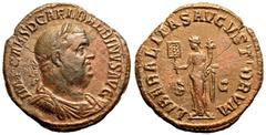 ROMAN EMPIRE. Balbinus. Bronze Sestertius, AD 238. Rome. Obv: IMP CAES D CAEL BALBINVS AVG, laureate, draped and cuirassed bust right. Rev: LIBERALITAS AVGVSTORVM, Liberalitas standing left, holding a