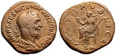 ROMAN EMPIRE. Pupienus. Bronze Sestertius, AD 238. Rome. Obv: IMP CAES M CLOD PVPIENVS AVG, laureate, draped and cuirassed bust right. Rev: PAX PVBLICA, Pax seated left, holding branch and sceptre; SC