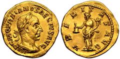 ROMAN EMPIRE. Trajan Decius. Gold Aureus, AD 250. Rome. Obv: IMP C M Q TRAIANVS DECIVS AVG, laureate and cuirassed bust right. Rev: VBERITAS AVG, Uberitas, draped, standing left, holding purse and cor