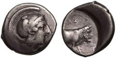 MAGNA GRAECIA. CAMPANIA, NOLA. Silver Nomos, circa 400-385 BC. Obv: head of Athena right, wearing crested Attic helmet decorated with laurel wreath and owl standing right, head facing. Rev: NΩΛAIΩN, m