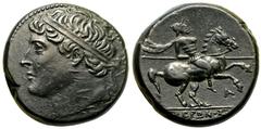 MAGNA GRAECIA. SICILY, SYRACUSE. Hieron II. Bronze Hemilitron, circa 230-215 BC. Obv: diademed head left. Rev: warrior, holding lance, on horse prancing right; A below, IEPΩNOΣ in exergue. Extremely F
