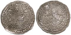 ANCIENT GREECE. HUNNIC TRIBES, HEPHTHALITES. Vakhu Deva. Silver Drachm, circa AD 720. Uncertain mint in Zabulistan or Seistan. Obv: crowned Sasanian-style bust right, with lion's head between wings; B