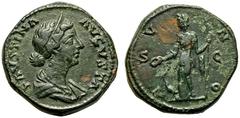 ROMAN EMPIRE. Faustina II (wife of Marcus Aurelius). Bronze As, AD 161- 176. Rome. Obv: FAVSTINA AVGVSTA, draped bust right. Rev: IVNO, Juno, draped, standing left, holding patera in extended right ha