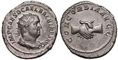 ROMAN EMPIRE. Balbinus. Silver Antoninianus, AD 238. Rome. Obv: IMP CAES D CAEL BALBINVS AVG, radiate, draped and cuirassed bust right. Rev: CONCORDIA AVGG, clasped hands. About Mint State; a spectacu