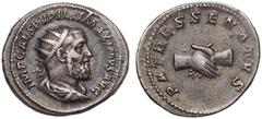 ROMAN EMPIRE. Pupienus. Silver Antoninianus, AD 238. Rome. Obv: IMP CAES PVPIEN MAXIMVS AVG, radiate, draped and cuirassed bust right. Rev: PATRES SENATVS, clasped hands. Good Very Fine; wonderful old