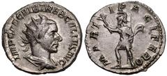 ROMAN EMPIRE. Trebonianus Gallus. Silver Antoninianus, AD 251-253. Rome. Obv: IMP CAE C VIB TREB GALLVS AVG, radiate, draped and cuirassed bust right. Rev: MARTI PACIFERO, Mars running left, holding b