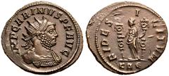 ROMAN EMPIRE. Carinus. Billon Antoninianus, AD 283-285. Rome. Obv: IMP CARINVS P F AVG, radiate and cuirassed bust right. Rev: FIDES MILITVM, Fides standing left with standard in each hand; KAE in exe