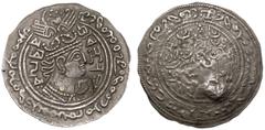 ANCIENT GREECE. HUNNIC TRIBES, HEPHTHALITES. Vakhu Deva. Silver Drachm, circa AD 720. Uncertain mint in Zabulistan or Seistan. Obv: crowned Sasanian-style bust right, with lion's head between wings; B