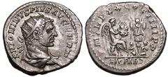 ROMAN EMPIRE. Caracalla. Silver Antoninianus, AD 217. Rome. Obv: ANTONINVS PIVS AVG GERM, radiate and draped bust right. Rev: P M TR P XX COS IIII P P, Victory seated right on cuirass, resting left ha