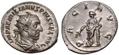 ROMAN EMPIRE. Aemilian. Silver Antoninianus, AD 253. Rome. Obv: IMP AEMILIANVS PIVS FEL AVG, radiate, draped and cuirassed bust right. Rev: PACI AVG, Pax standing front, head left, leaning on column, 
