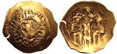 BYZANTINE EMPIRE. Andronicus II Palaeologus with Michael IX. Gold Hyperpyron, AD 1303-1320. Constantinople. Obv: half-length figure of the Virgin Mary, orans, within city walls with six towers; I-I ac